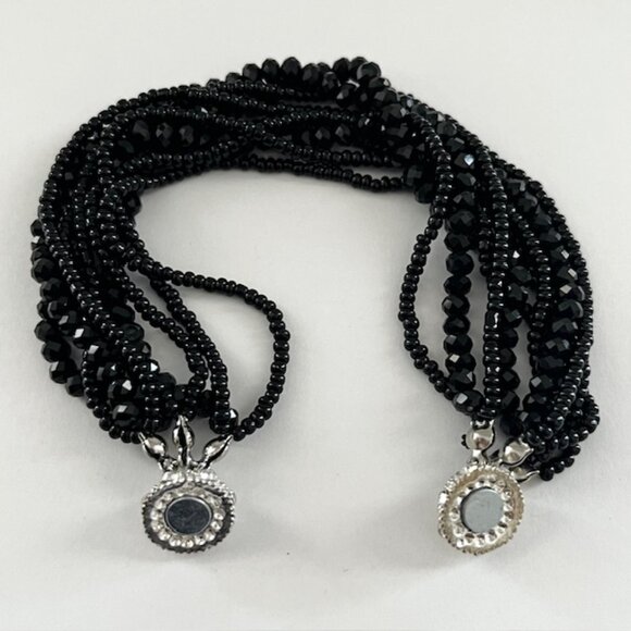 Beaded Bracelet Black Multistrand Rhinestone Magnetic Closure Siver Tone Formal - Picture 5 of 7